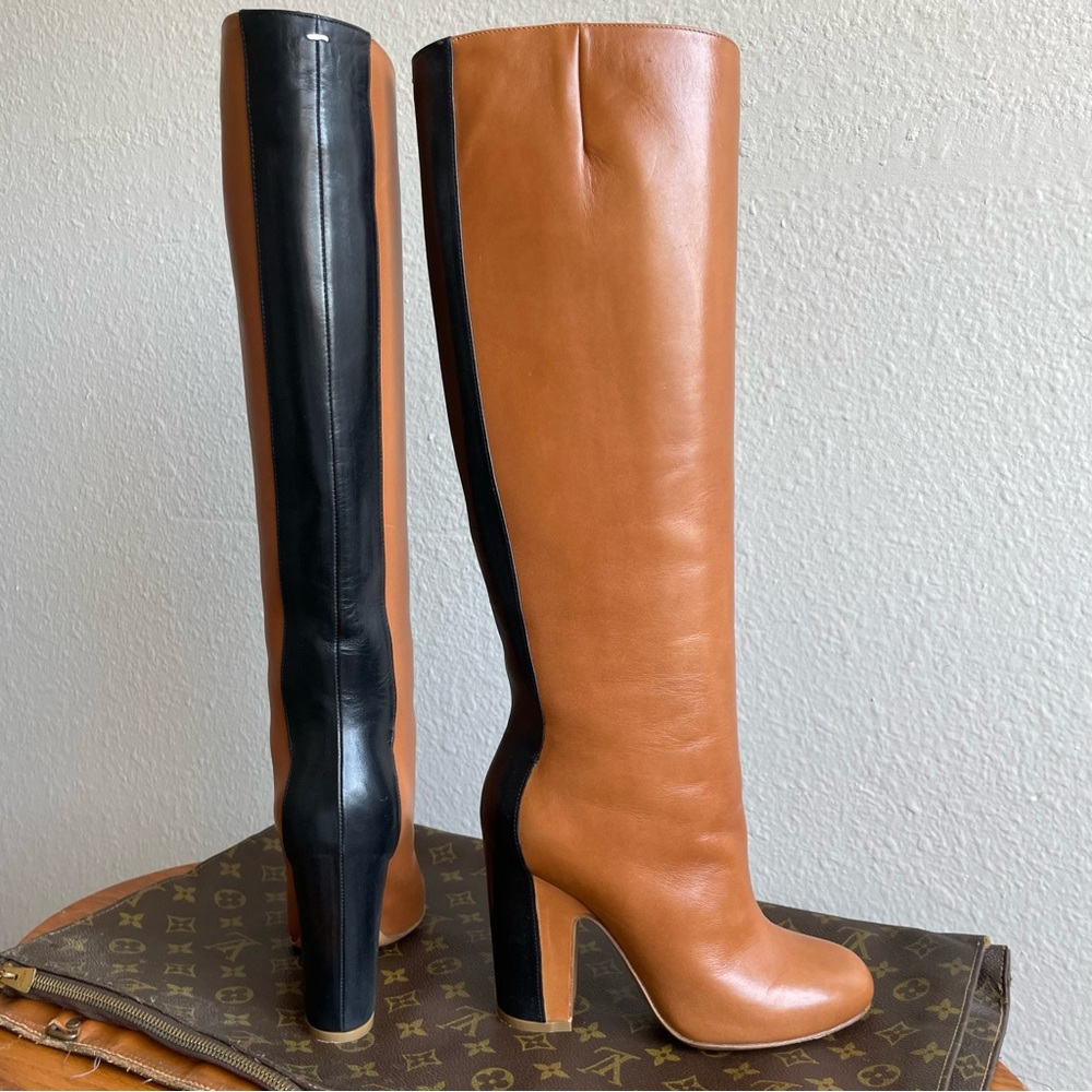 Maison Martin Margiela Two-Tone Tan and Black Knee High Leather Boots